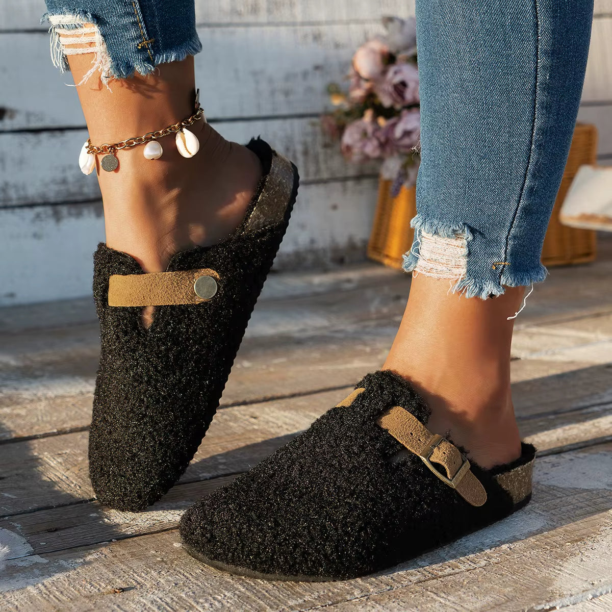 Fur-Lined Buckle Platform Slippers