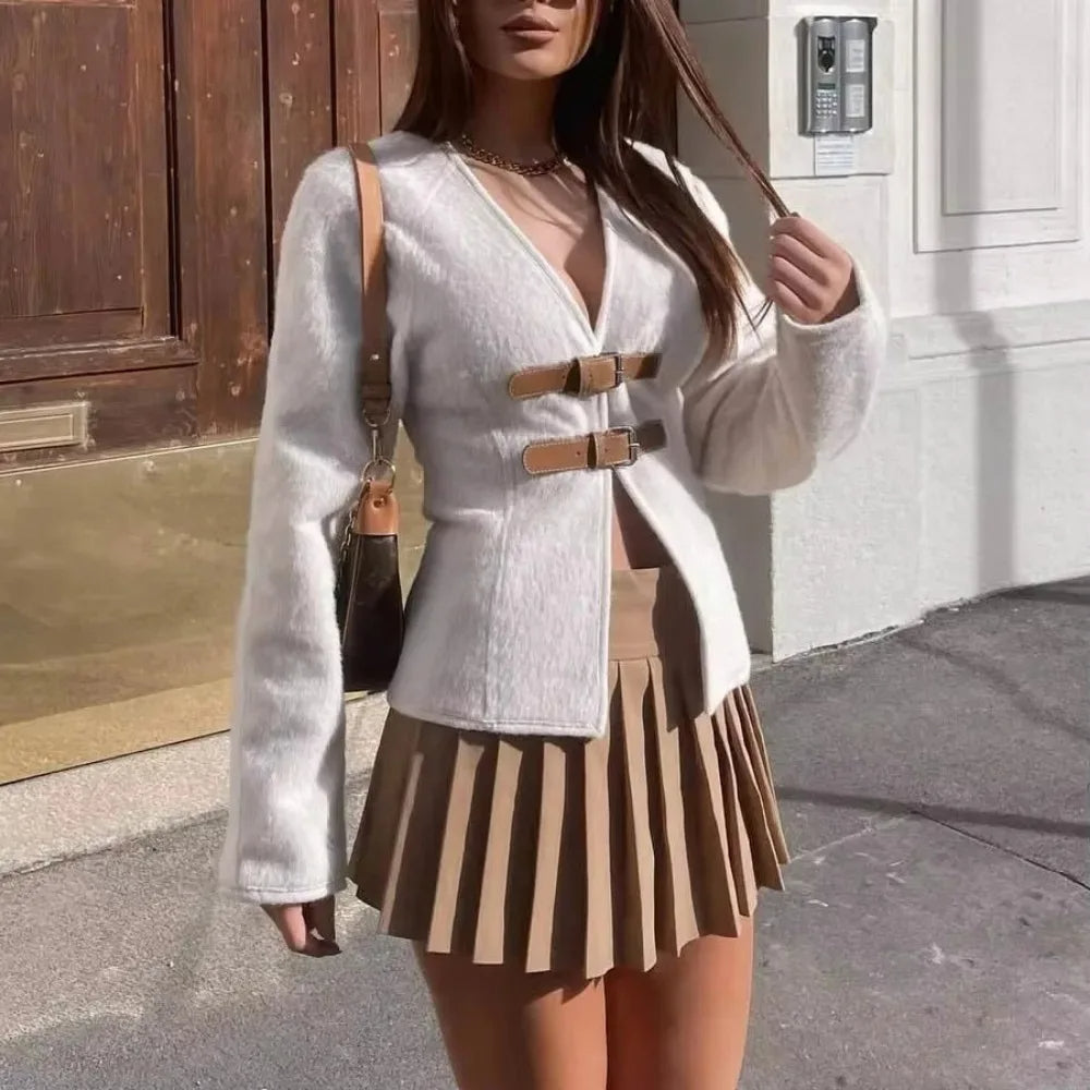 Retro Leather Buckle Woolen Coat