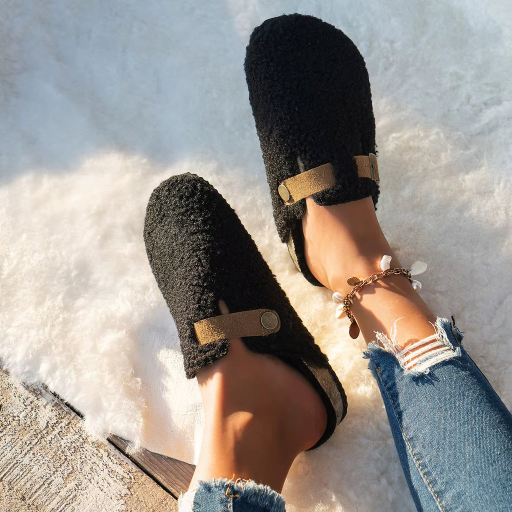 Fur-Lined Buckle Platform Slippers