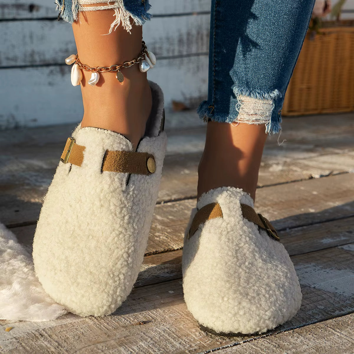 Fur-Lined Buckle Platform Slippers