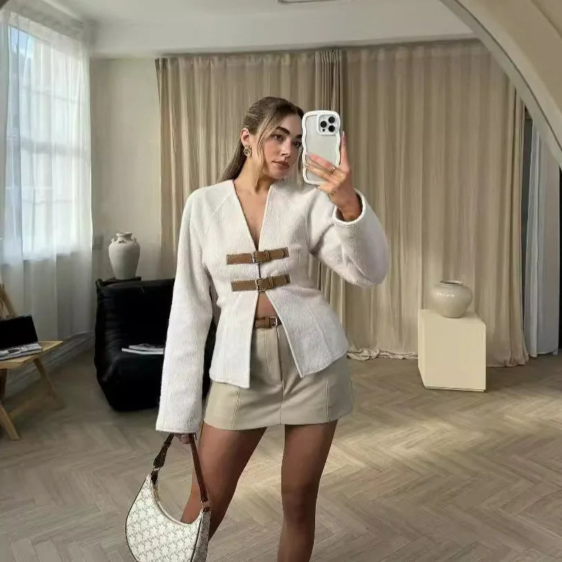 Retro Leather Buckle Woolen Coat