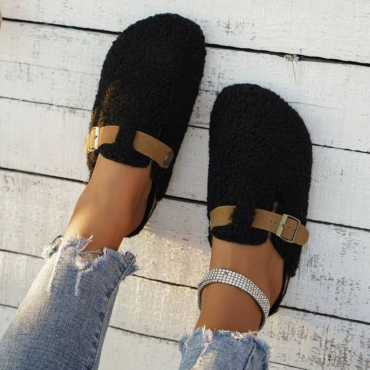 Fur-Lined Buckle Platform Slippers