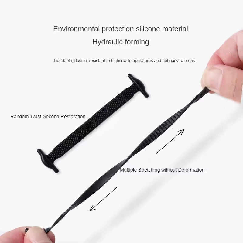 Black silicone material being twisted and stretched with text describing its properties.