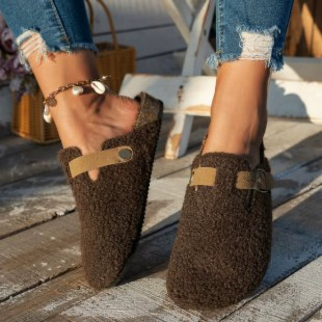 Fur-Lined Buckle Platform Slippers