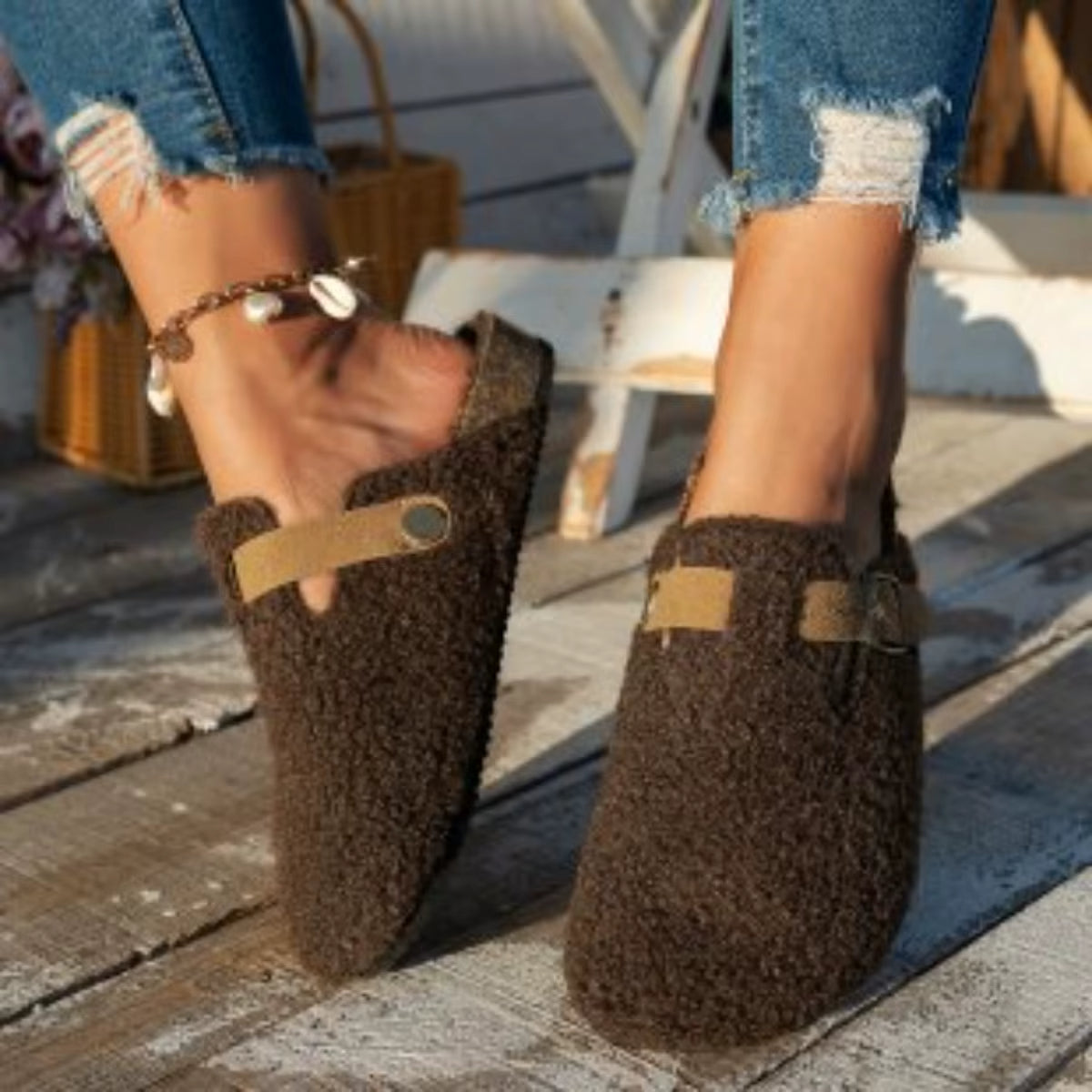 Fur-Lined Buckle Platform Slippers