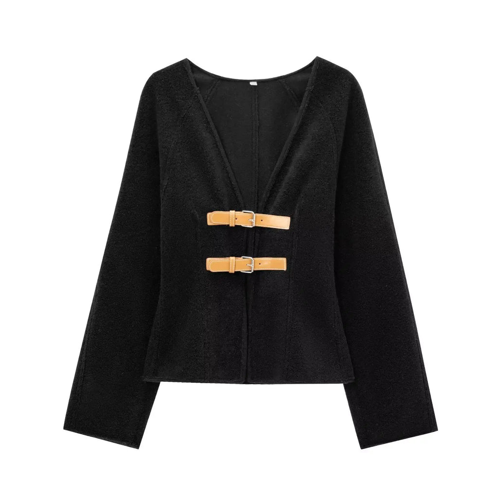 Retro Leather Buckle Woolen Coat